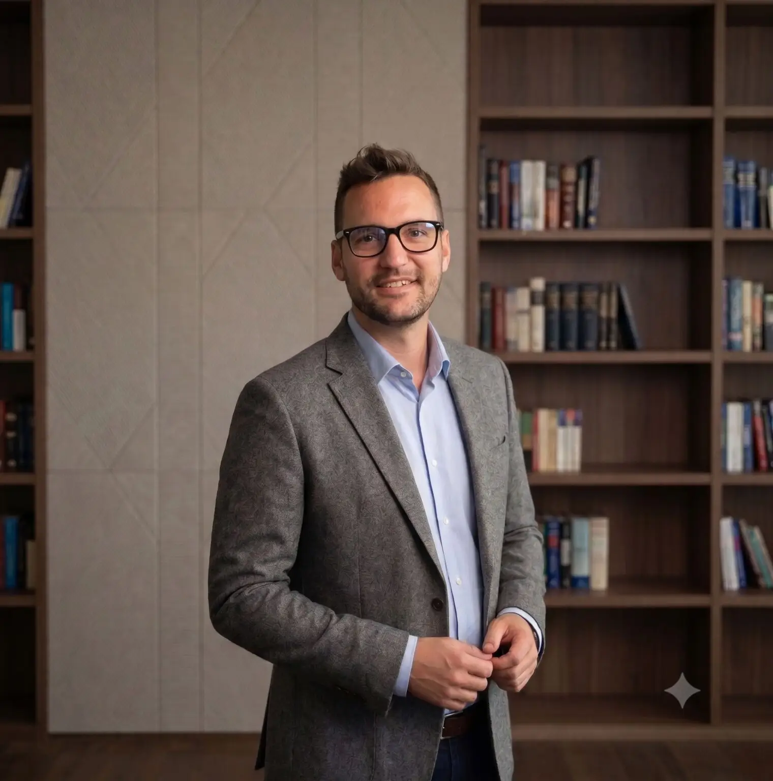 About me Gabor Horvath in front of a bookshelf
