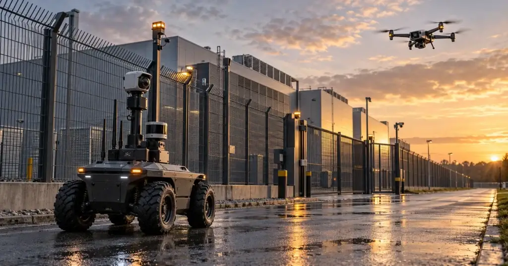 The drone sees from above, the robot inspects up close – and the human decides from a safe distance A ground security robot with a camera mast and sensors stands beside the high perimeter fence of a large industrial facility at sunset, while a small drone hovers in the sky on the right