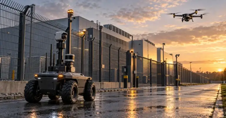 Home A ground security robot with a camera mast and sensors stands beside the high perimeter fence of a large industrial facility at sunset, while a small drone hovers in the sky on the right