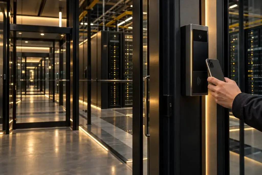 The convergence of cyber and physical security: when IT thinking lands at the network edge A hand holds a smartphone to a wall-mounted access control terminal with a camera and an NFC symbol, beside a glass door leading to a corridor of server racks lit by warm LED strips